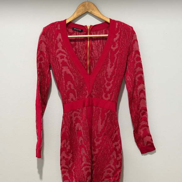 Balmain Red Jacquard Knit Mini Dress — FR 34 (US 2), Long Sleeve, Gold Zip - Picture 2 of 10